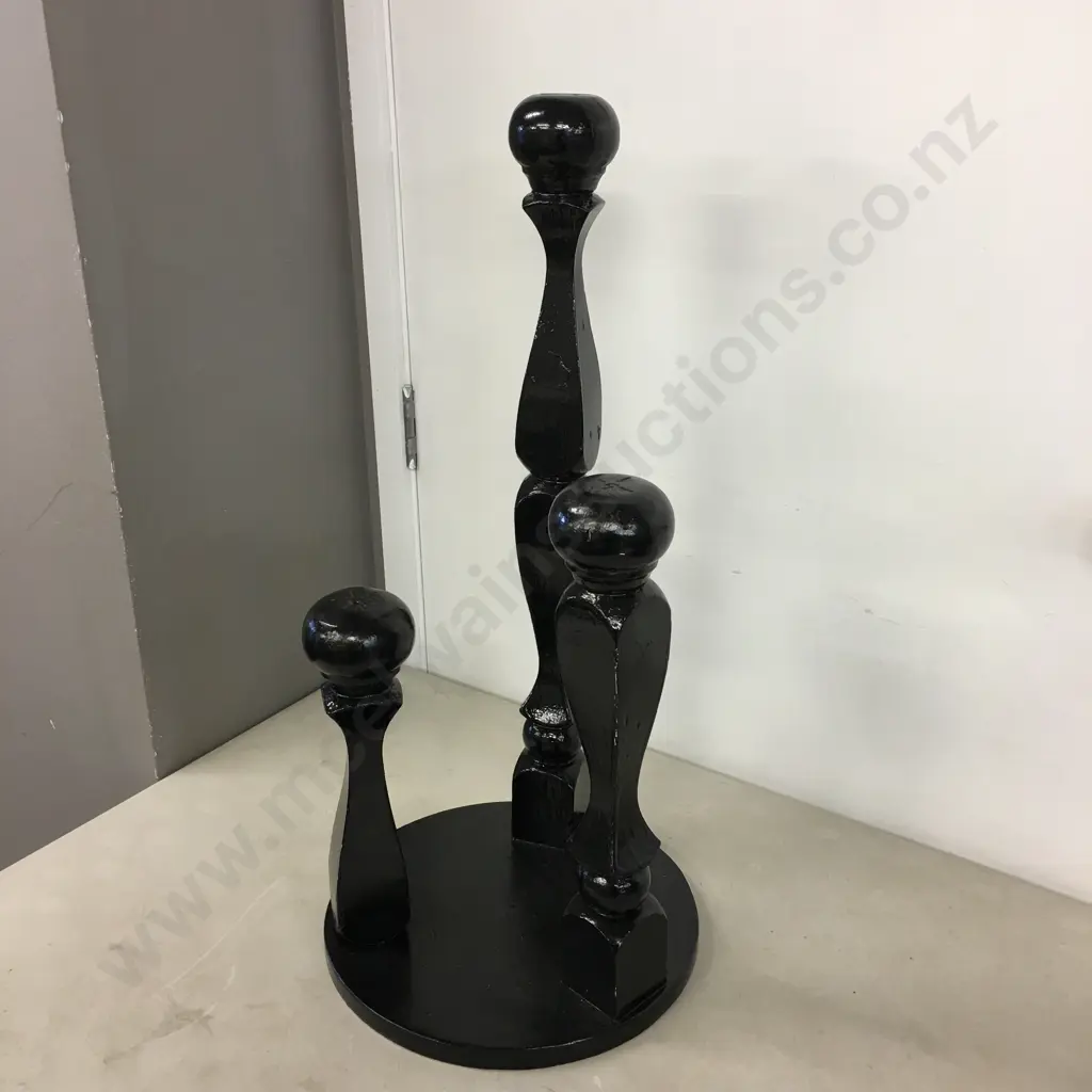 Vintage Black Painted Wooden Hat Display Stand With 3 Holders H63cm.  Image 1++